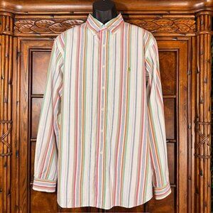 Ralph Lauren Polo Multi Stripe Green Pony 100% Cotton Custom Fit Button Down